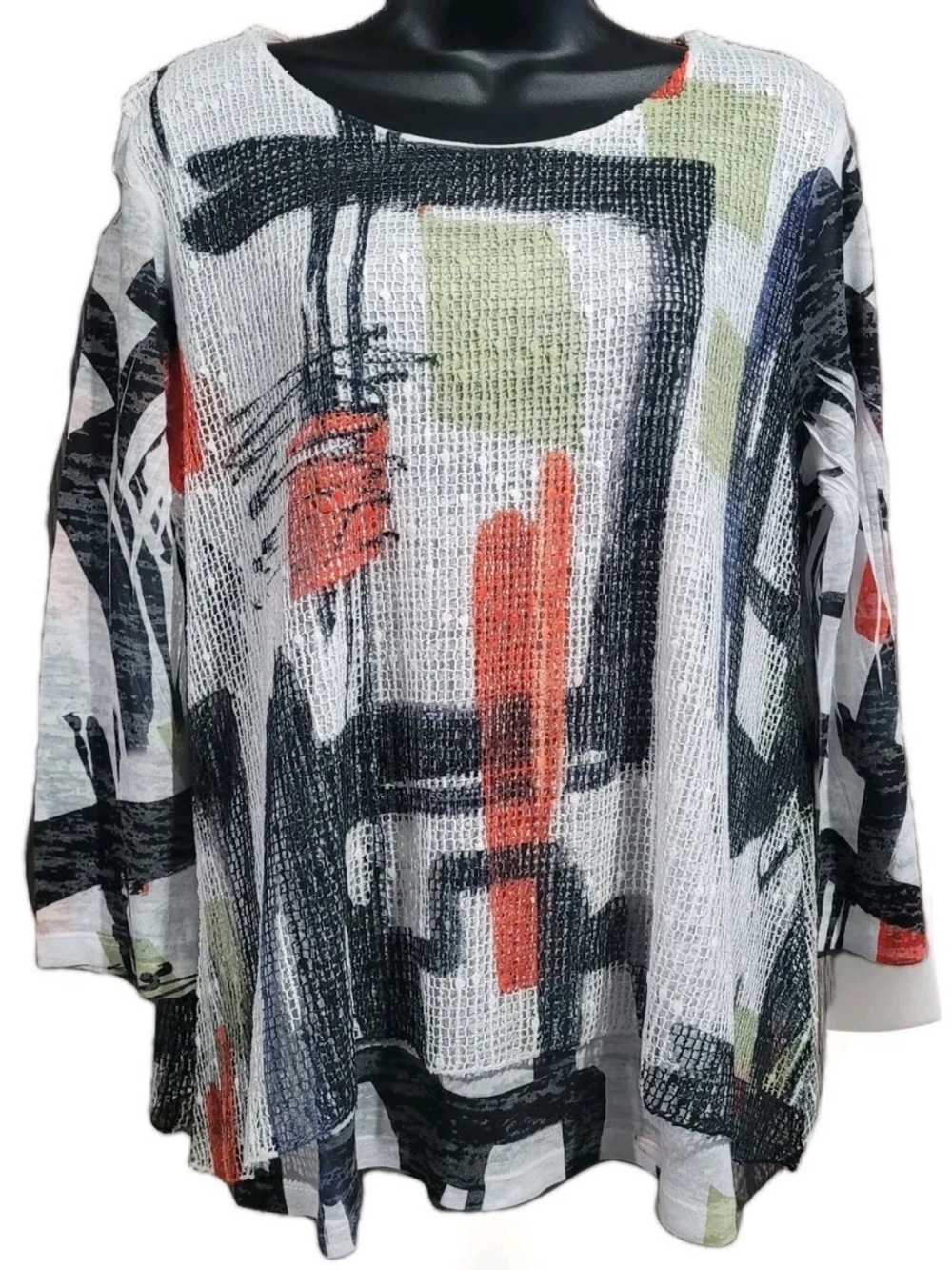 Abstract Brushstroke Art Skool Sweater Top in White, Black & Coral & Gold Accent